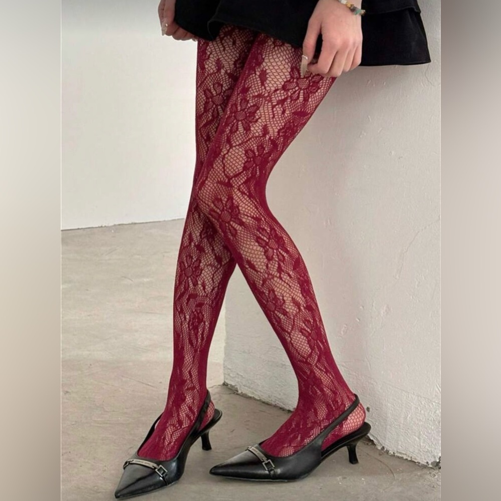 🟡5/$25 DEAL! Lace Fishnet Burgundy Tights